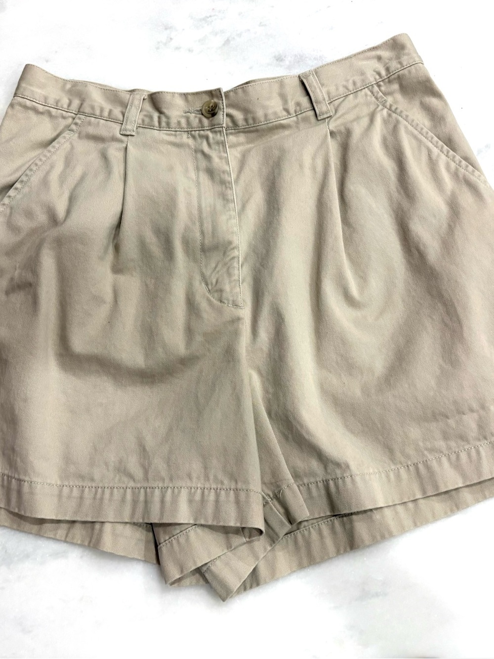 Anne Klein High-Waisted Denim Khaki Pleated Shorts - Size 8P